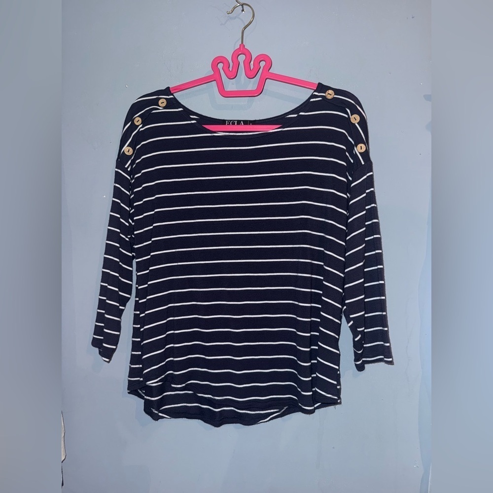 Ecla ‘Made in Mexico’ Navy and White Striped Button Shoulder Blouse, small